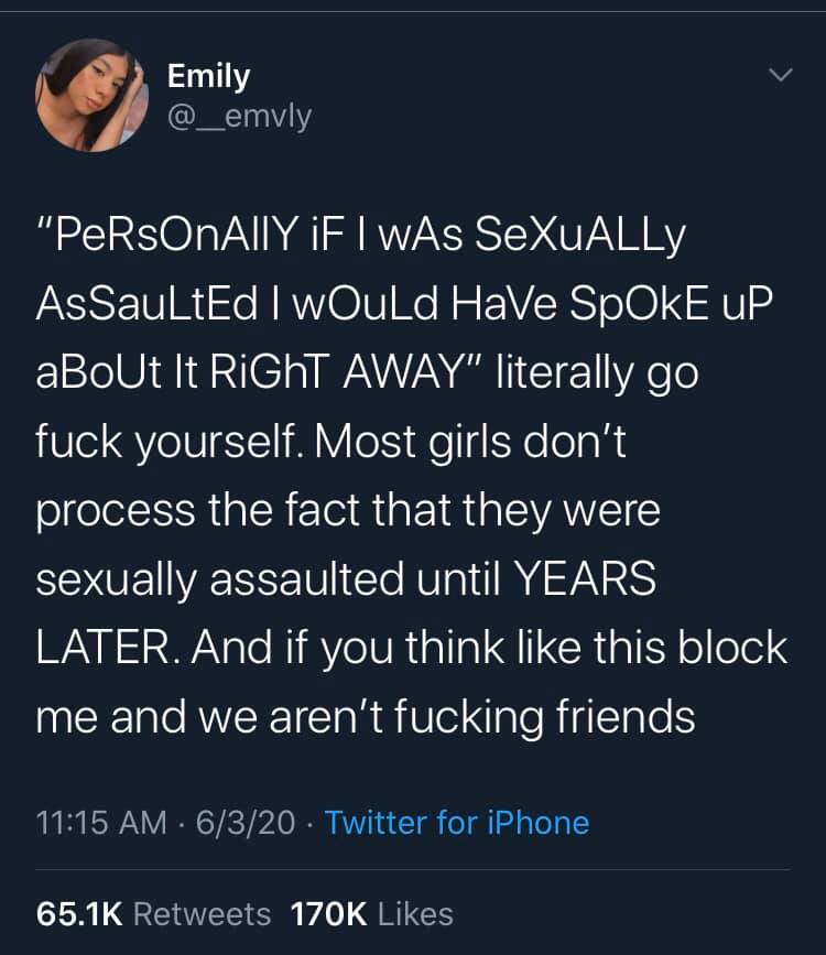 The meme is a screenshot of a tweet from a user named Emily, who is responding to a question about what she would say if she could speak to her younger self after being sexually assaulted. The text reads: "If I could go back in time and tell my 13 year old self...".